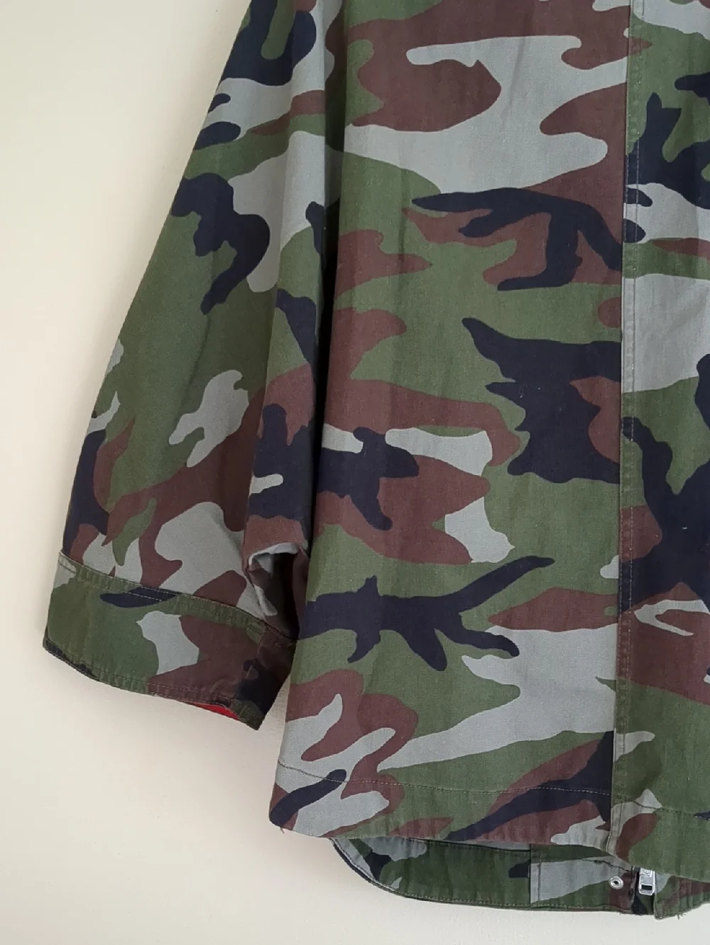 XS Zara Basic Camo Red Stripe Jacket Glitter Pocket Flap Oversized